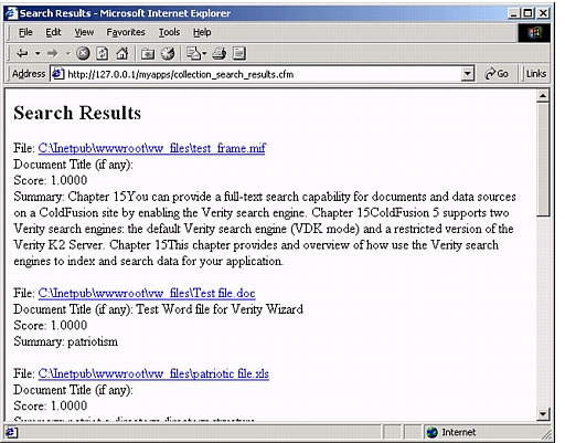 The search results page showing the score and result summary