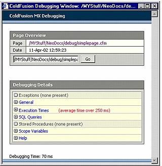 A sample collapsed debugging output using the dockable.cfm debugging output format