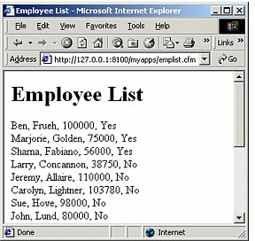 Query output from the cfoutput tag in a browser.