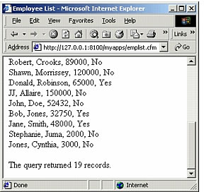 Query output from the cfoutput tag in a browser including the record count